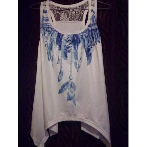 T-Shirt Blans Aqymétrique À Plumes Bleues Tl/40