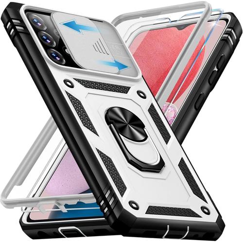 Coque De Protection Pour Samsung Galaxy A13 4g Avec Film De Protection, Galaxy A13 4g Avec Protection D'appareil Photo, Anneau En Métal Rotatif À 360°, Support Résistant Aux Chocs, A13 4g 6,5"" Argent