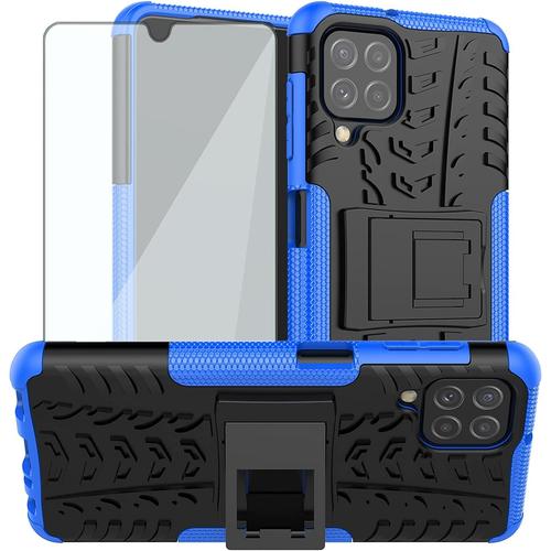 Coque De Protection Pour Samsung Galaxy A22/M32/M22 4g Avec Film De Protection En Verre Trempé Et Support En Verre De Protection A 22 22a F22 G4 Slim Hard Case De Protection Pour Téléphone Portable Homme Bleu