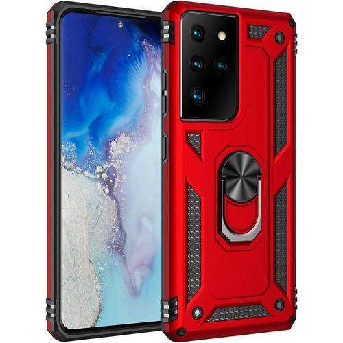 Coque De Protection Pour Samsung Galaxy S21 Ultra 5g Avec Film De Protection En Verre Et Anneau Magnétique - S21ultra5g S 21 S21ultra G5 Slim - Rouge