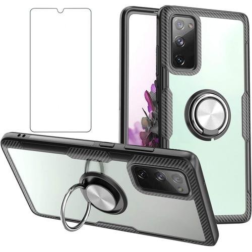 Coque De Protection Pour Samsung Galaxy S20 Fe 5g Avec Film De Protection En Verre Et Anneau Magnétique S20fe 4g S20fe5g S 20 Fan Edition Slim Transparent - Noir