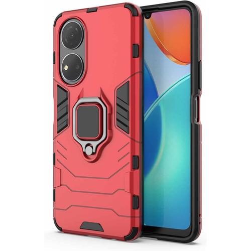 Coque Pour Honor X7, Etui De Protection Avec Support De Voiture Avec Béquille À 360 Degrés, Double Couche De Silice Tpu + Pc Rigide Housse De Protection Bumper. Rouge