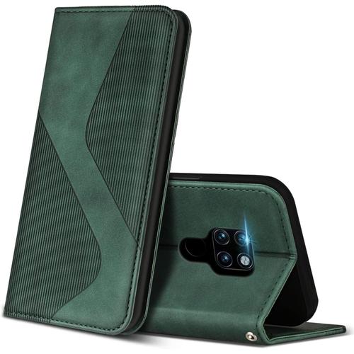 Coque Pour Huawei Mate 20, Étui En Cuir Pu Avec Fentes Pour Cartes Et Fonction Support, Étui Portefeuille En Cuir Flip Housse De Protection Pour Huawei Mate 20 Vert