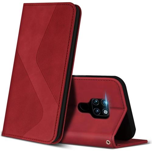 Coque Pour Huawei Mate 20, Étui En Cuir Pu Avec Fentes Pour Cartes Et Fonction Support, Étui Portefeuille En Cuir Flip Housse De Protection Pour Huawei Mate 20 Rouge