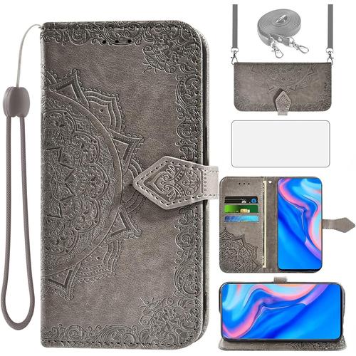 Coque Pour Huawei P Smart Z/Honor 9x Coque Avec Sangle Et Film De Verre Film De Protection Fente Pour Carte Pliable Cuir Portefeuille Stand Hawaii Y9 Prime 2019 Stk-L21 Stk-Lx1 Housse De Protection Gris