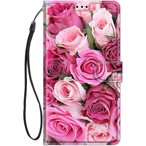 Coque Pour Huawei P Smart 2019 / Honor 10 Lite Étui En Cuir, Étui De Protection À Rabat En Silicone Avec Motifs, Housse De Protection Antichoc Pliable En Cuir - Rose