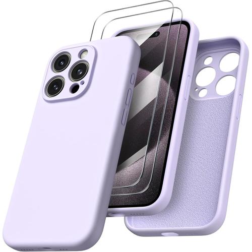 Coque Pour Iphone 15 Pro Avec Protection D'appareil Photo Et 2 Films De Protection, Coque De Protection En Silicone Liquide Iphone 15 Pro 6,1"" Avec Protection D'appareil Photo, Coque De Protection Antichoc Pour Iphone 15 Pro Avec Microfibre - Lilas