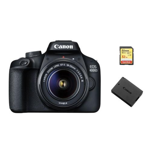 CANON EOS 4000D reflex 18 mpix + objectif EF-S 18-55MM F3.5-5.6 III + 32GB SD card + LP-E10 Battery