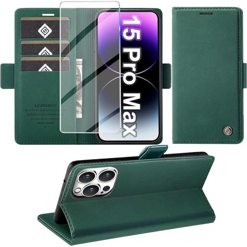 Coque Pour Iphone 15 Pro Max Avec Film De Protection, Fonction Support, Fente Pour Carte, Portefeuille En Cuir De Qualité Supérieure Pour Iphone 15 Pro Max 5g 2023, Étui À Rabat Tache Résistant Aux Chocs Vert