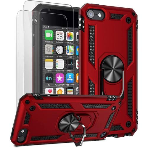 Coque Pour Ipod Touch 7, Ipod Touch 5/6 Qualité Militaire Coque De Protection Double Couche Avec Fonction Support Et 2 Protecteurs D'écran, Coque Antichoc En Tpu Pour Apple Ipod Touch 5ème/6ème/7ème Génération - Rouge