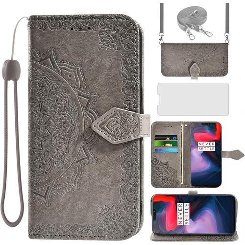 Coque Pour Oneplus 6, Avec Sangle Et Film De Protection En Verre, Film De Protection, Fente Pour Carte, Pliable, Portefeuille En Cuir, Support Oneplus6 A6003, Coque De Protection Mandala, Film Blindé, Coque De Téléphone, Gris