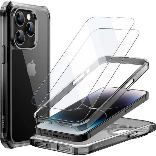 Coque Pour Iphone 14 Pro 6,1"" Pas Pour Iphone 14 Pro Max 6,7"" Avec 2 Pièces De Film De Protection En Verre Blindé, Coque Arrière Antichoc À 360 Degrés Sur Tout Le Corps Noir