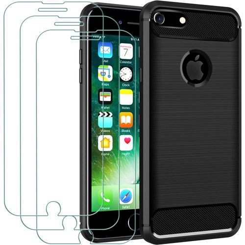 Coque Pour Iphone 8 / Iphone 7 Avec 3 Verres De Protection Blindés, Noir, Élégant, Anti-Rayures, Résistant Aux Chocs, Coque De Protection En Silicone Tpu Souple