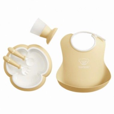 Coffret Dîner : Bavoir, Assiette, Couverts Et Verre Bébé Jaune Pastel Babybjorn