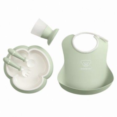 Coffret Dîner : Bavoir, Assiette, Couverts Et Verre Bébé Vert Pastel Babybjorn