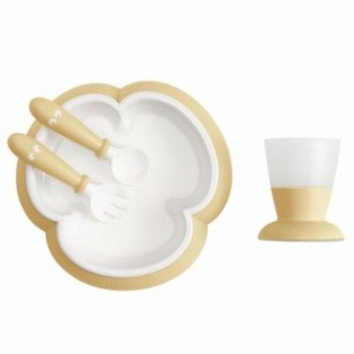 Coffret Repas : Assiette, Couverts Et Verre Bébé Jaune Pastel Babybjorn