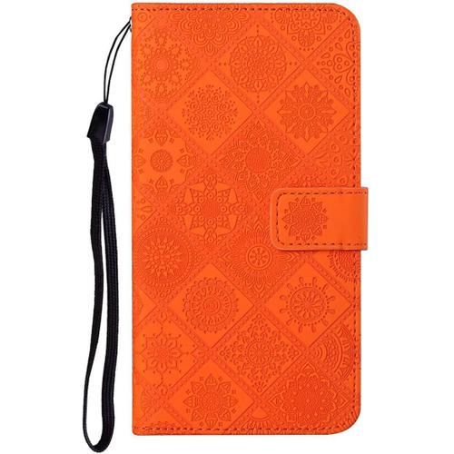 Coque Pour Oppo A53 2020 / A32 2020 6,5"" Étui En Cuir Pu Aimant Portefeuille Étui En Cuir Totem En Relief Fleurs Fonction Support Étui En Cuir Flip Cover Orange