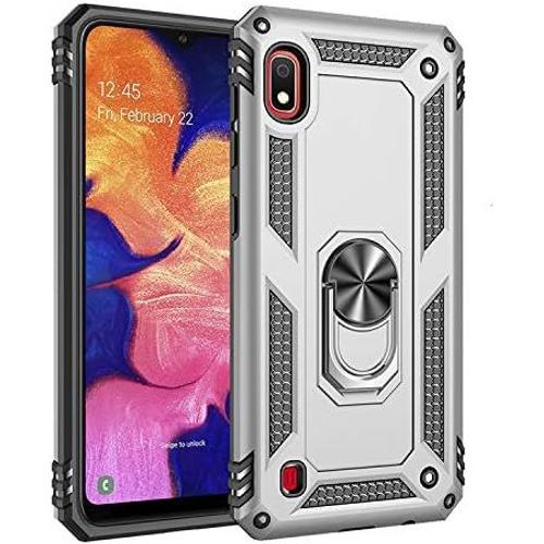 Coque Pour Samsung Galaxy A10/Galaxy M10 + Film De Protection Militaire Armure Hybride Housse De Protection En Silicone Antichoc Bumper Cover Case Anneau Support Étui De Protection Pour Téléphone Portable Argent