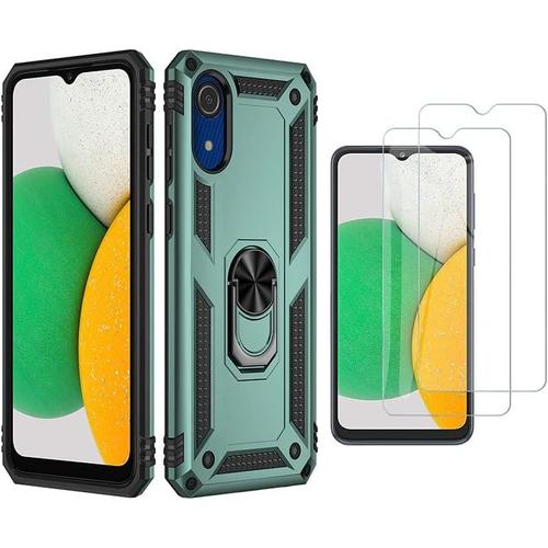 Coque Pour Samsung Galaxy A03 Core 2 Films De Protection D'écran En Verre Trempé], Support Rotatif À 360°, Pare-Chocs En Tpu Et Pc Rigide, Résistant Aux Rayures Et Aux Chocs, Coque De Téléphone Portable Pour Samsung A03 Core, Vert Foncé