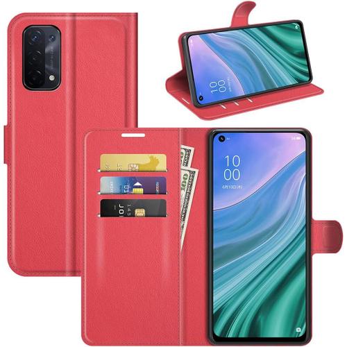 Coque Pour Oppo A54 5g 6,51"" Pu Housse De Protection À Rabat Motif Litchi Avec Support Fermeture Magnétique Poches Fentes Pour Cartes Portefeuille Étui Rouge