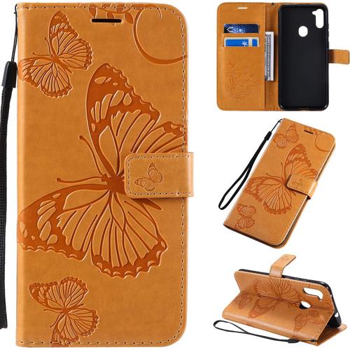 Coque Pour Samsung Galaxy A11 / Sm-A115 6,4 Pouces Pu Cuir Magnétique Portefeuille Étui En Cuir Papillon En Relief Design Stent Fonction Case Flip Cover Jaune