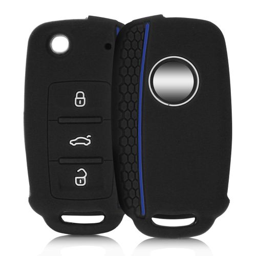 Kwmobile Accessoire Clé De Voiture Pour Vw Skoda Seat - Coque Pour Clef De Voiture Vw Skoda Seat 3-Bouton En Silicone Noir-Bleu - Étui De Protection Souple