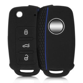 Kwmobile Accessoire Clé De Voiture Pour Vw Skoda Seat - Coque Pour Clef De Voiture Vw Skoda Seat 3-Bouton En Silicone Noir-Bleu - Étui De Protection Souple