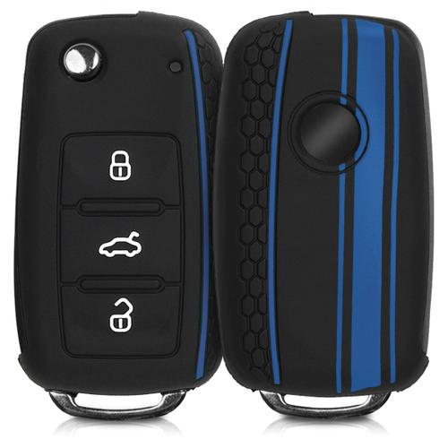 Kwmobile Accessoire Clé De Voiture Pour Vw Skoda Seat - Coque Pour Clef De Voiture Vw Skoda Seat 3-Bouton En Silicone Bleu-Noir-Bleu - Étui De Protection Souple