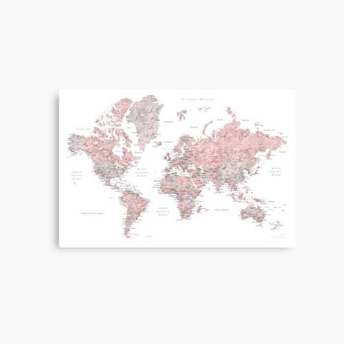 Canevas imprimer Carte du monde rose et gris poussiéreux avec villes Impression sur toile Art Décoration Murale/ 40x50cm ou 40x40cm