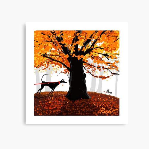 Canevas imprimer Le chêne d'automne, le chien et l'écureuil Impression sur toile Art Décoration Murale/ 40x50cm ou 40x40cm