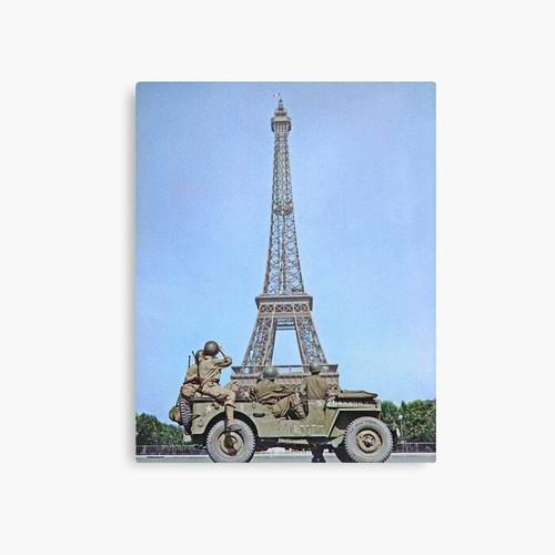 Canevas imprimer Des soldats américains regardent à nouveau le drapeau tricolore s'envoler de la Tour Eiffel v. 25 août 1944 Paris France Impression sur toile Art Décoration Murale/ 40x50cm...