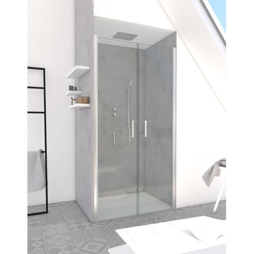 Porte de Douche Double Battant 90x200cm - Verre Trempé Transparent 6mm - Profil Chromé