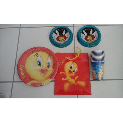 Lot Neuf Titi (Tweety) & Gros Minet (Sylvester) : Assiettes + Verres Et Gobelets + Sac