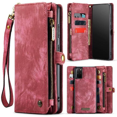 Étui Pour Samsung Galaxy S20 Plus Portefeuille Couverture Trifold Avec Tpu Pc Fermeture Éclair En Cuir Fait Main Forte Magnétique Titulaire De La Carte Détachable - Rouge