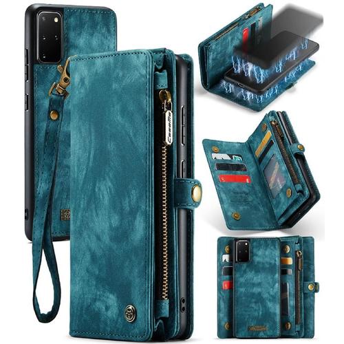 Étui Pour Samsung Galaxy S20 Plus Portefeuille Couverture Trifold Avec Tpu Pc Fermeture Éclair En Cuir Fait Main Forte Magnétique Titulaire De La Carte Détachable - Bleu