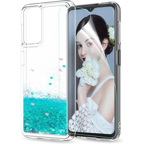 Coque Pour Samsung Galaxy A13 4g Avec Protection Écran, Fille Liquide Paillette Transparente Silicone Gel Tpu Antichoc Kawaii Etui Housse Pour Samsung A13 4g Turquoise