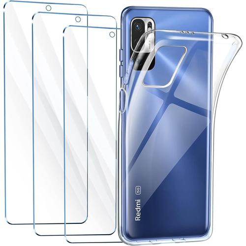 Coque Xiaomi Redmi Note 10 5g Poco M3 Pro 5g 6,5"", Lot De 3 Protecteurs D'écran Redmi Note 10 5g, Coque En Silicone Tpu Transparent Avec Verre Trempé Et Coque Redmi Note 10 5g