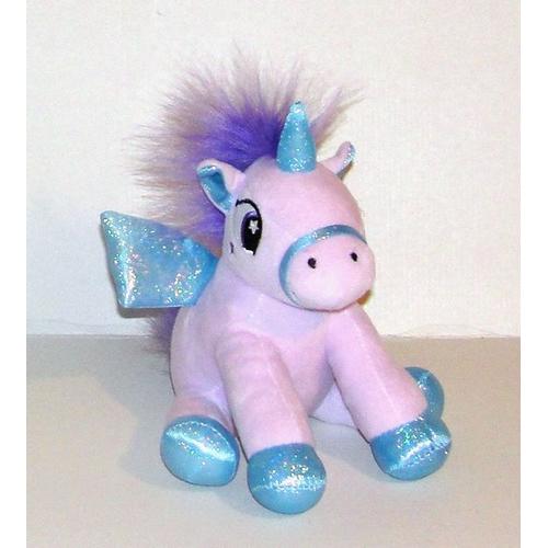 Licorne Assise Mauve Bleu Violet Brodé Arc En Ciel Et Étoile Doudou Peluche Fizzy