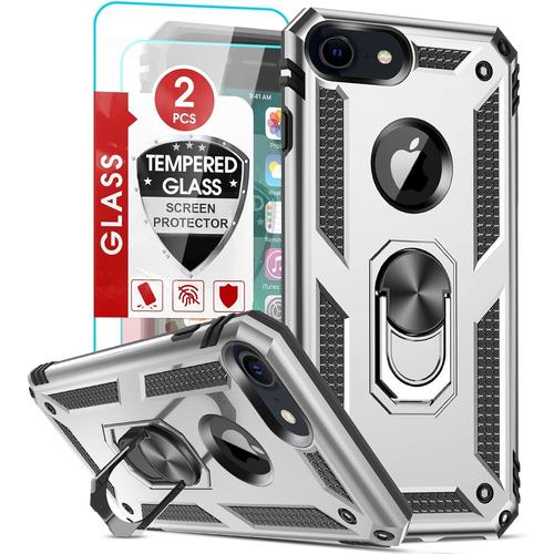 Coque Pour Iphone Se3 2022/8/7/Se 2020/6/6s Avec 2 Verre Trempé, Anneau Support Militaire Anti-Chute Renforcée Bumper Antichoc Tpu Souple Et Pc Rigide Protection Etui Argent