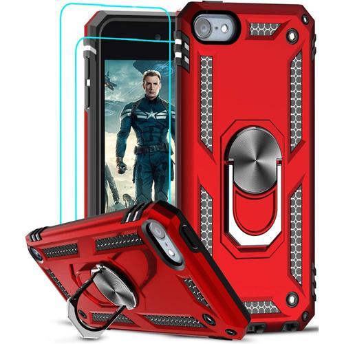 Coque Ipod Touch 6 7 5 Avec 2 Unités Verre Trempé Cristal, Coque Armure Avec Anneau Magnétique À 360 Degrés Support Pc Dur Et Coque Antichoc En Silicone Tpu Pour Ipod 5ème 6ème 7ème Mobile, Rouge