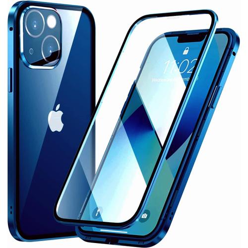 Coque D'adsorption Magnétique Pour Iphone 13 Mini, Cadre En Métal De Protection Complète À 360 Degrés Et Coque En Verre Trempé Transparent En Une Seule Pièce, Bleu