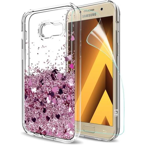 Coque Pour Samsung Galaxy A5 2017 A520f Pas A5 2016 Avec Film De Protection Écran, Fille Personnalisé Liquide Paillette Transparente 3d Silicone Gel Tpu Antichoc Kawaii Housse Or Rose