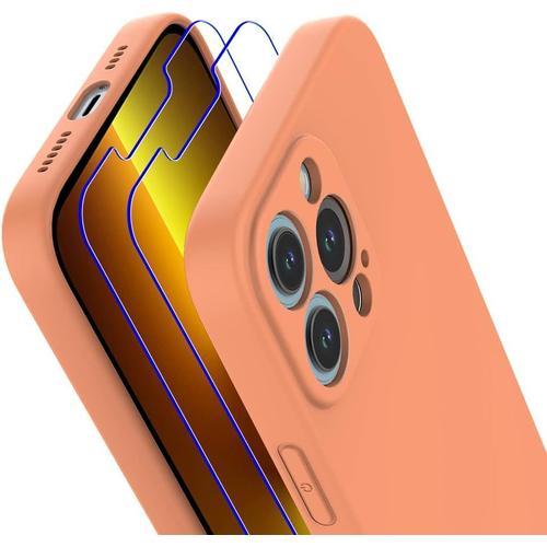 Coque Pour Iphone 13 Pro Max Silicone Liquide + 2 Verre Trempé Protection Écran +1 X Support Téléphone, Coque Protection Iphone 13 Pro Max 6.7"" Antichoc Anti Rayure Housse Etui Orange