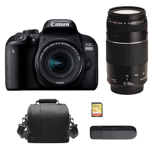 CANON EOS 800D reflex 24.2 mpix KIT EF-S 18-55mm IS STM + objectif EF 75-300mm III + 32GB SD card + Bag + Card Reader