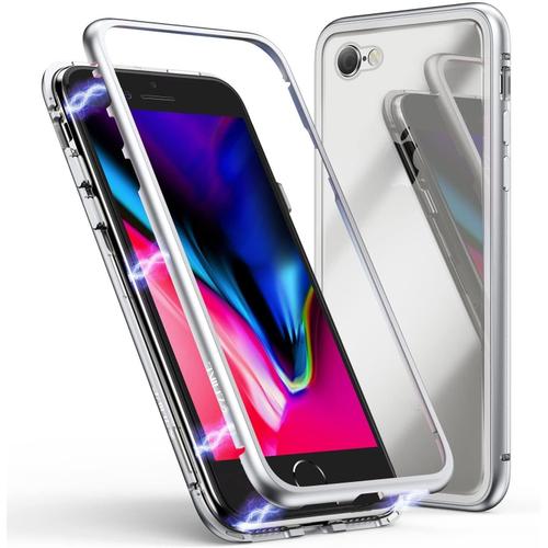 Coque Pour Iphone 6s Plus/Iphone 6 Plus Étui D'adsorption Magnétique Cadre Métallique Ultra Fin Verre Trempé Avec Couvercle À Aimant Intégré Pour Apple Iphone Blanc