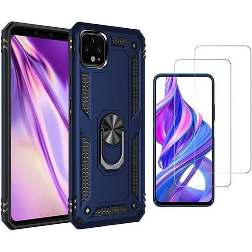 Coque Pour Google Pixel 4 Xl 2 Protecteur D'écran En Verre Trempé Avec Support Rotatif À 360° Étui De Tpu Silicone Bumper Et Pc Dur Cover Militaire Antichoc Anti Rayures Housse Bleu