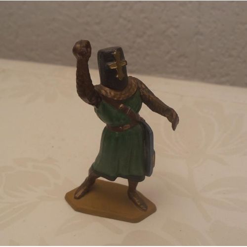 Figurine Starlux Moyen-Âge Médiéval - Chevalier Avec Haume - Tunique Verte - Années 70 - Socle Doré