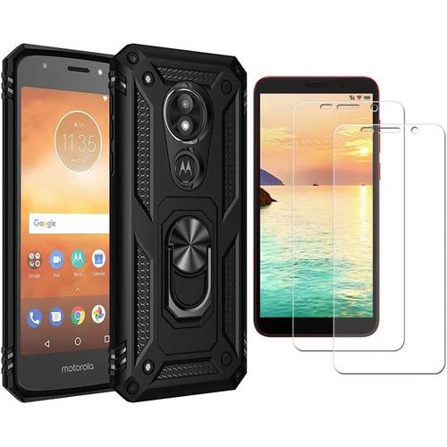 Coque Pour Motorola Moto E5 Play Avec 2 Protecteur D'écran En Verre Trempé,Support De Bague,Souple Tpu + Dur Pc Etui De Protection Qualité Militaire Anti-Chute Antichoc Etui Housse,Noir