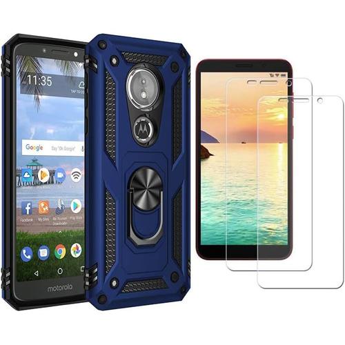 Coque Pour Motorola Moto E5 2 Protecteur D'écran En Verre Trempé Avec Support Rotatif À 360° Étui De Tpu Silicone Bumper Et Pc Dur Cover Militaire Antichoc Anti-Rayures Housse,Bleu