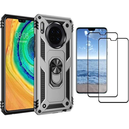 Coque Pour Huawei Mate 30 Avec 2 Protecteur D'écran En Verre Trempé Support De Bague Souple Tpu+Dur Pc Etui De Protection Qualité Militaire Anti Chute Antichoc Etui Housse Argent